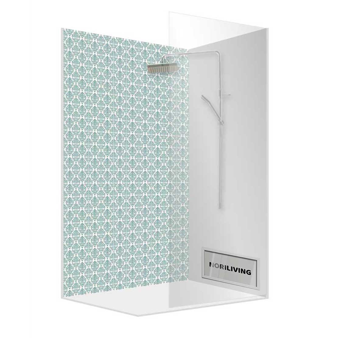 Moderne Duschkabine mit dekorativem blauem Muster und klarer Glastür