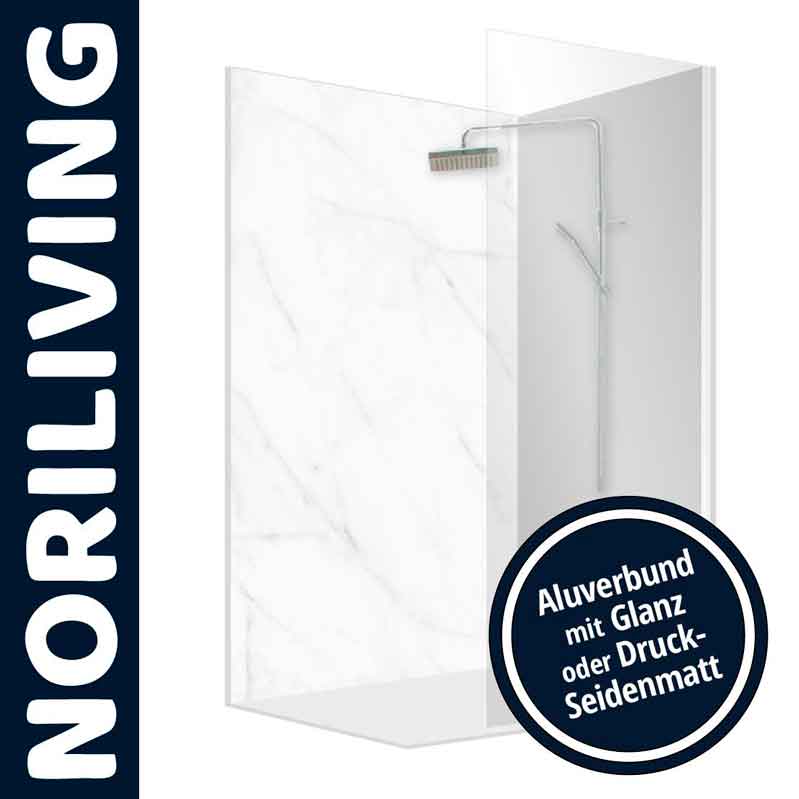 Duschwand von NoriLiving aus Aluverbund, Auswahl zwischen Glanz und Druck-Seidenmatt