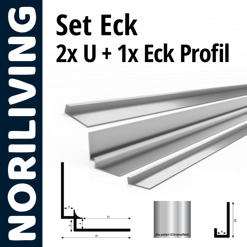 Ein Set von NoriLiving bestehend aus zwei U-Profilen und einem Eckprofil aus poliertem Aluminium mit Chrom-Effekt, illustriert mit technischen Zeichnungen und Maßen.