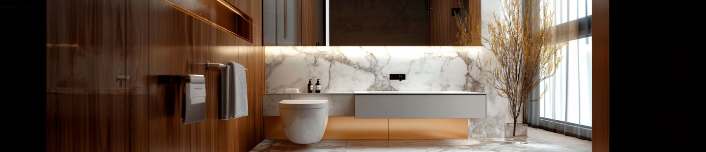 Luxuriöses Badezimmer mit Marmorwänden, moderner Toilette und Waschtisch, sowie dekorativem Baum im Glasbehälter