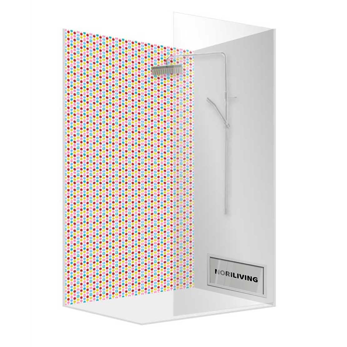 Duschkabine mit farbenfroher Mosaikwand und klaren Glaswänden von NORLIVING