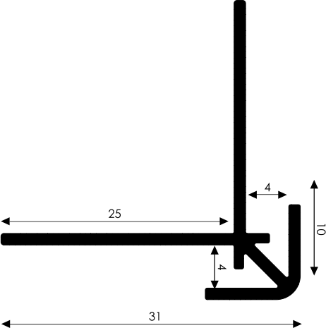 Technische Zeichnung eines L-förmigen Profils mit Längenangaben von 25 und 31 Millimetern und Höhenangaben von 4 Millimetern.