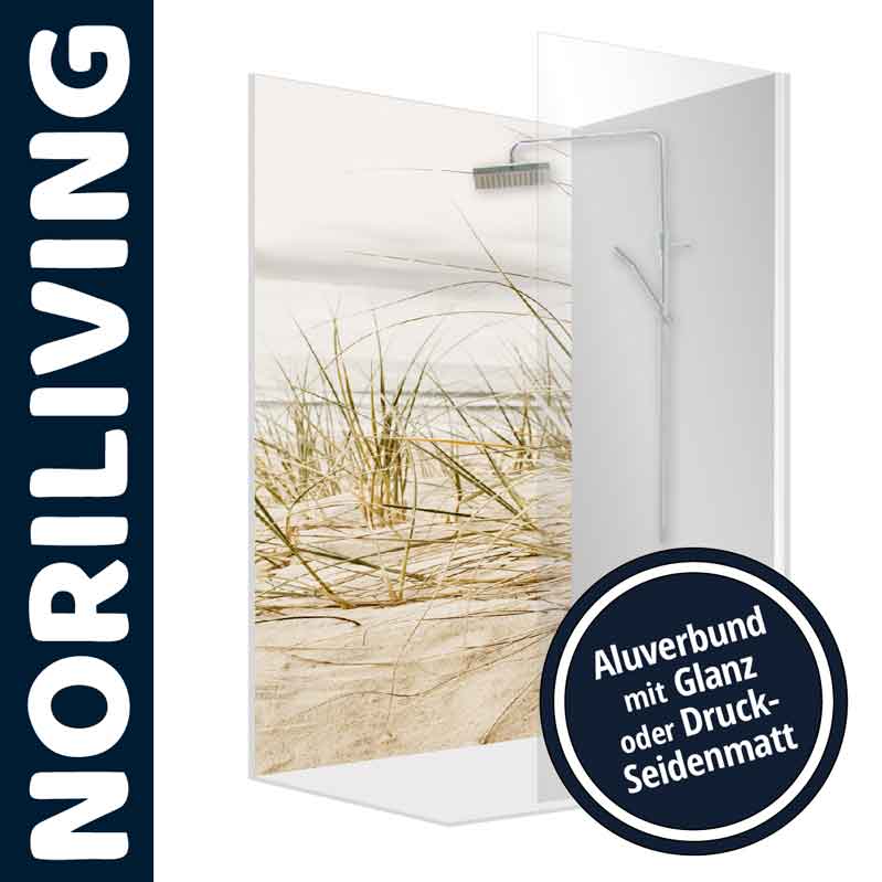 Duschwand mit Dünenmotiv aus Aluverbund, erhältlich in Glanz oder Druck-Seidenmatt
