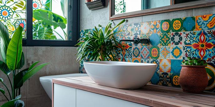 Stilvoll eingerichtetes Badezimmer mit bunten Fliesen, einem modernen Waschbecken und grünen Pflanzen