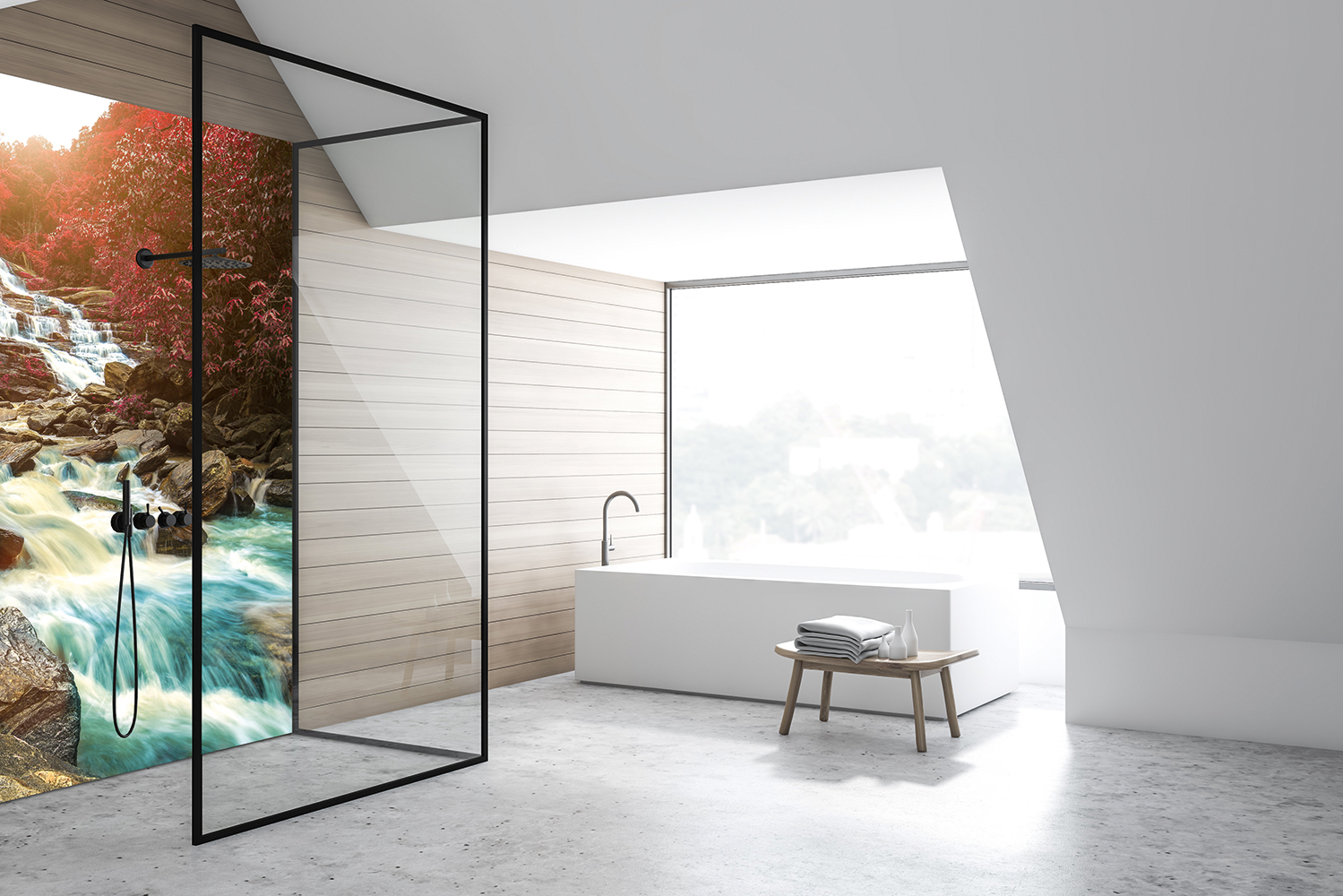 Minimalistisches Badezimmer mit Glasduschwand, Wasserfall-Motiv und freistehender Badewanne unter Dachschräge