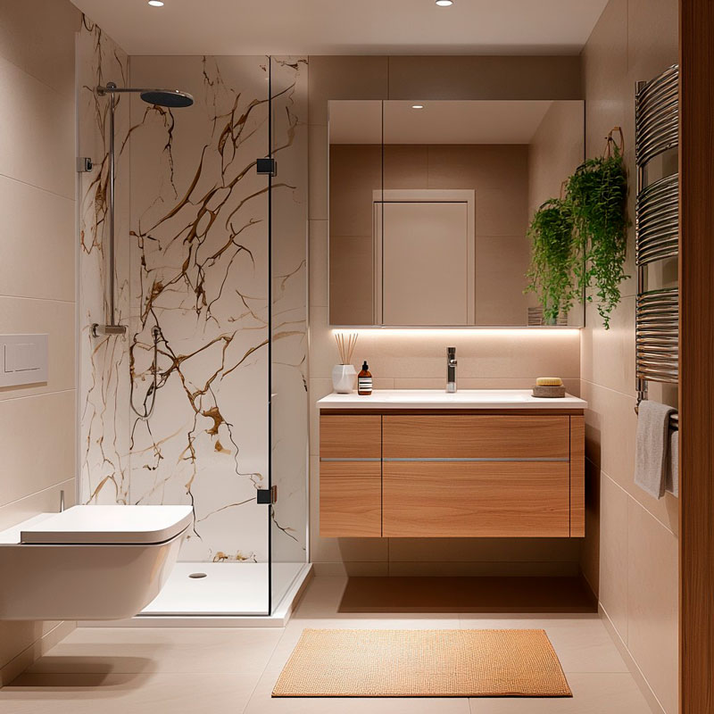 Elegantes Badezimmer mit Glasduschkabine, marmorierten Wandfliesen, modernem Waschtisch mit Spiegel und Dekorationen