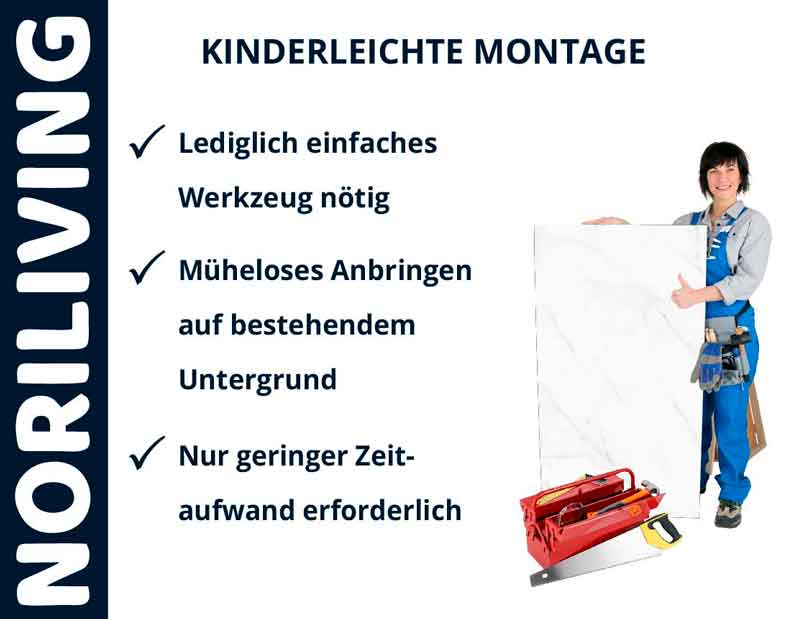 Noriliving Montagehinweise - Einfache Installation mit minimalem Aufwand, Werkzeug abgebildet, Person posiert mit Werkzeug