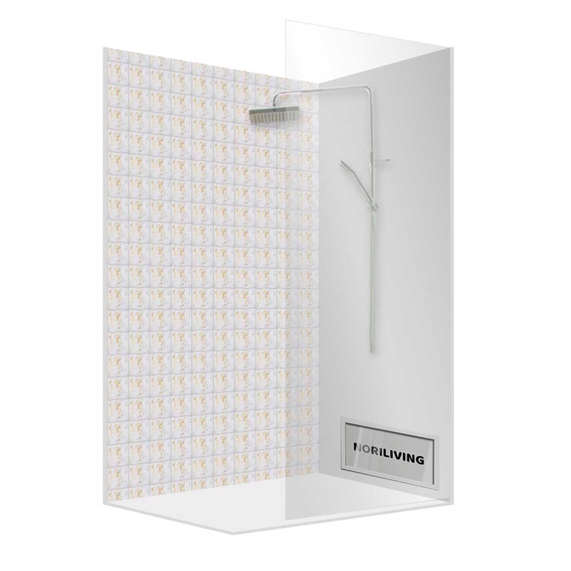 Stilvolle Duschkabine mit Mosaikfliesen und Regenbrause, ideal für moderne Badezimmer