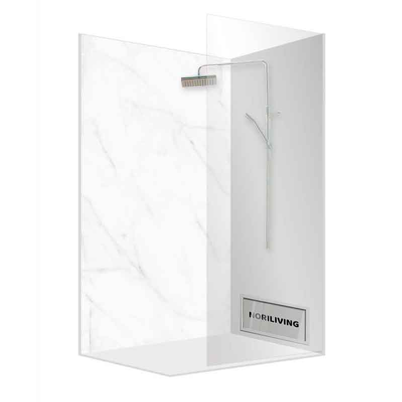 Glas-Duschabtrennung mit Marmor-Optik und Regendusche