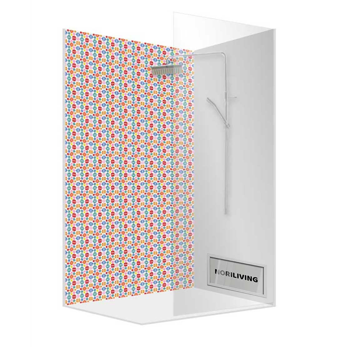 Moderne Duschkabine mit farbenfrohem Blumendesign und Glaswänden