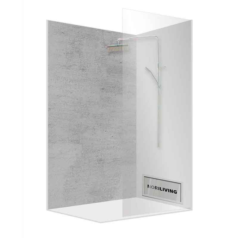 Offene Dusche mit Glasabschluss, grauer Betonwand und Hängelampe im minimalistischen Design mit NORILIVING-Logo