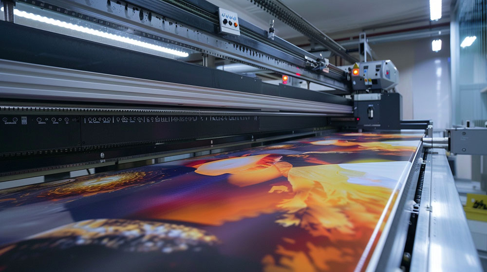 Ein moderner Großformat-Drucker druckt ein farbenfrohes Bild in einem professionellen Druckstudio.